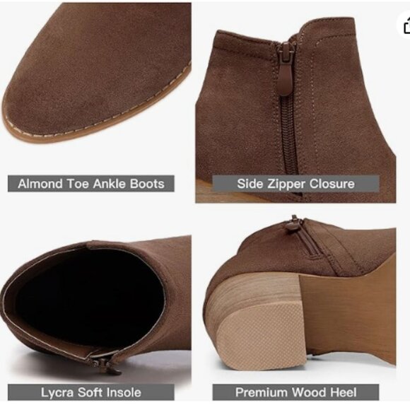 Women’s Faux Suede Ankle Boots, Chunky Low Heel Almond Toe Booties - Picture 2 of 4